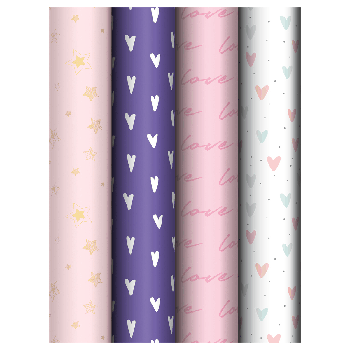Упаковочная бумага глянц. 70*100см, MESHU 'Love pattern', 80г/м2, ассорти 4 дизайна