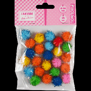 Набор помпонов для творчества 'deVENTE. DIY' 20 мм с блестками, 25 шт, в пластиковом пакете с блистерным подвесом, цвета ассорти