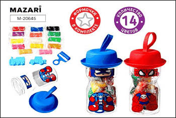 Тесто для лепки (масса д/лепки) СУПЕРМЕН, 14 цветов по 9,5 г, пластиковые формочки 3 шт. в комплекте, пластиковая банка