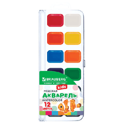 Краски акварельные BRAUBERG KIDS NEW, медовые, 12 цветов, квадратные кюветы, пластиковый пенал с европодвесом, 192796