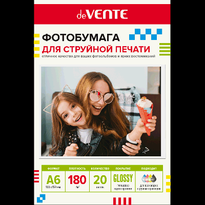 Фотобумага для струйной печати 'deVENTE' A6 (10x15 см) 20 л, 180 г/м?, глянцевая односторонняя, в пластиковом пакете с европодвесом