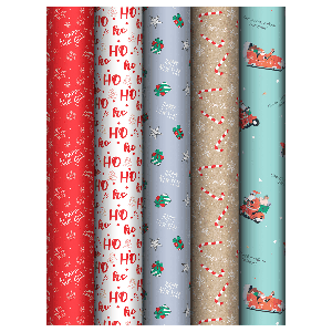 Упаковочная бумага глянц. 70*100см, MESHU 'Ho ho', 80г/м2, ассорти 5 дизайнов