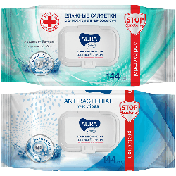 Салфетки влажные Aura 'FAMILY', big-pack с крышкой, 15*14см, 144шт., антибактериальные