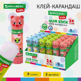 Клей-карандаш 'Зверята: кошка, мышка, хрюшка', 9 г, фигурный колпачок, BRAUBERG KIDS, 271138