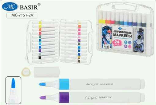 Набор маркеров-акриловые: на водной основе, укрывистые, толщина линии 2-4 mm, для любых поверхностей; трёхгранный белый корпус, вентилируемый колпачок, упаковка-пластмассовый бокс,