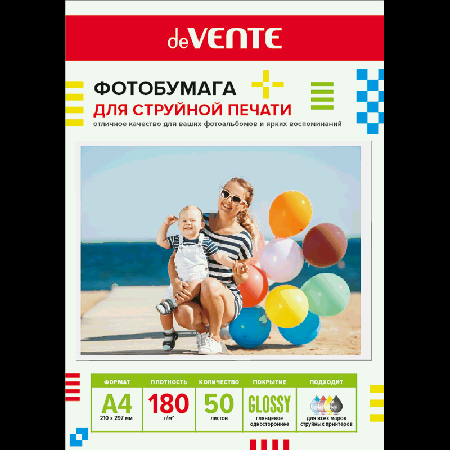 Фотобумага для струйной печати 'deVENTE' A4, 50 л, 180 г/м?, глянцевая односторонняя, в пластиковом пакете с европодвесом