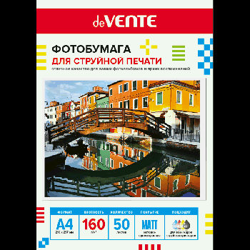 Фотобумага для струйной печати 'deVENTE' A4, 50 л, 160 г/м?, матовая односторонняя, в пластиковом пакете с европодвесом