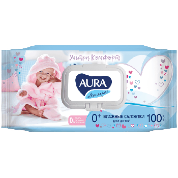 Салфетки влажные Aura 'Ultra comfort', 100шт., детские, с алоэ, очищающие, без спирта, клапан