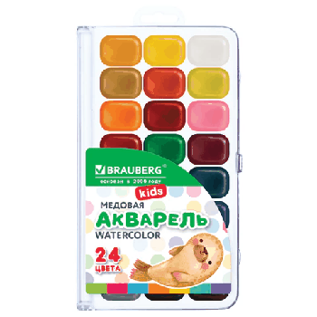 Краски акварельные BRAUBERG KIDS NEW, медовые, 24 цвета, квадратные кюветы, пластиковый пенал с европодвесом, 192797
