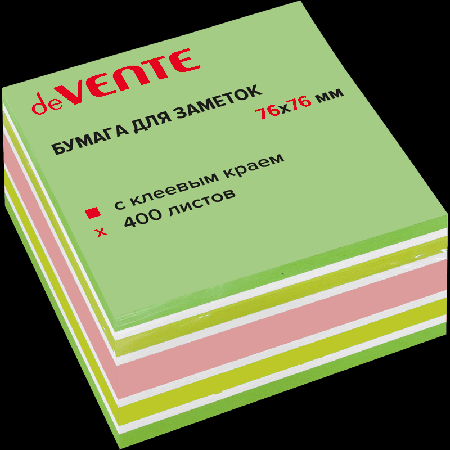 Клейкая бумага для заметок 'deVENTE' 76x76 мм, 400 листов, офсет 75 г/м?, 3 неоновых цвета и белый цвет, 9 слоев