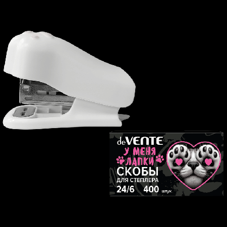 Степлер МИНИ 'deVENTE. У меня лапки' № 24/6&26/6 (мощность 15 листов, глубина скрепления 20 мм) пластиковый, 1 вид скрепления, с антистеплером, в блистерной упаковке, белый, в форм
