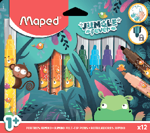 JUNGLE FEVER JUMBO Фломастеры макси с заблокированным пишущим узлом, суперсмываемые, декорированные, 12 цветов, в картонной коробке с подвесом