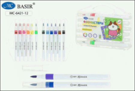 Набор фломастеров-акварельные: 'КОШКИ'; с мягкой кистью, на водной основе; белый корпус, вентилируемый колпачок, упаковка-пластмассовый бокс, 12 цветов.