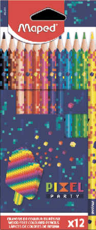 PIXEL PARTY Цветные карандаши, пластиковые, треугольные, декорированные, 12 цветов, в картонной коробке с подвесом