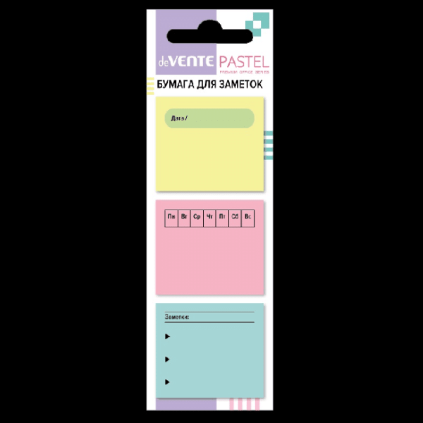 Набор клейкой бумаги для заметок-планер 'deVENTE. Pastel' 40x35 мм, 3x20 листов, офсет 80 г/м?, печать 4+0, 3 дизайна, в картонном блистере и пластиковом пакете с европодвесом