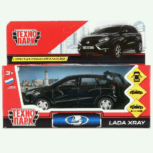 Машина металл LADA XRAY длина 12 см, двери, багаж, инерц, черный, кор. Технопарк в кор.2*36шт