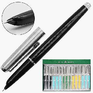 Ручка перьевая ' KWELT ' закрытое перо, пипеточный механизм для заправки чернилами, цветной корпус - ассорти 5цв, серебристый колпачок, картонная упаковка