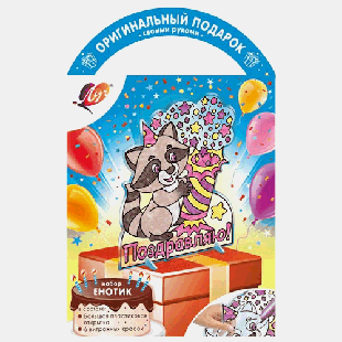 Набор красок по стеклу ' Луч ' Витражная открытка. Енотик, в наборе: большая пластиковая фигурка, 6 туб с краской по стеклу, картонная упаковка, европодвес