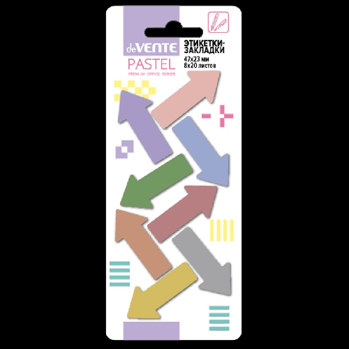 Набор самоклеящихся этикеток-закладок 'deVENTE. Pastel' пластиковые полупрозрачные в форме стрелки 47x23 мм, 8x20 листов, 8 пастельных цветов, в картонном блистере и пластиковом па