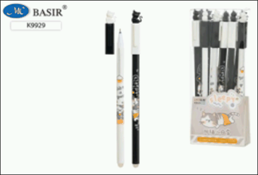 Ручка со стираемыми чернилами гелевая: 'КОТЁНОК'; белый и чёрный корпус с рисунком /ассорти/, колпачок с фигуркой кошки; 0,5 mm, цвет чернил синий.