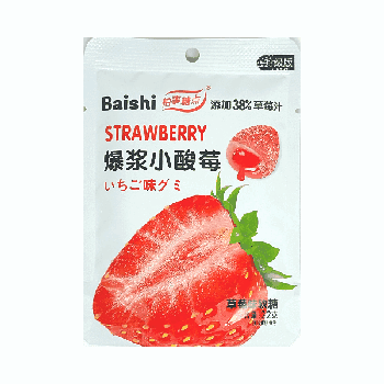 Жевательный мармелад в сахарной обсыпке 38% сока, Baishi, со вкусом взрывной клубники, 22гр. (20шт./уп.; 12уп./кор.)