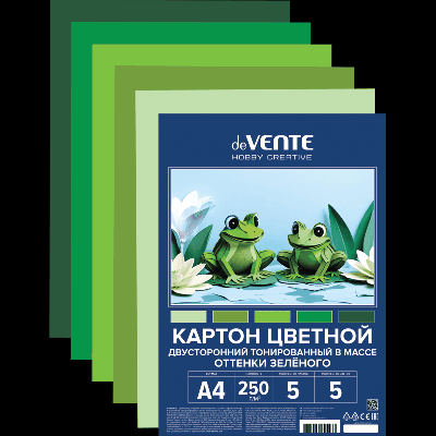 Картон цветной тонированный двусторонний A4 'deVENTE. HOBBY CREATIVE' 250 г/м?, 5 цв, 5 л, пластиковый пакет с европодвесом, оттенки зеленого цвета