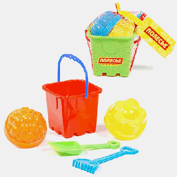 Песочный набор ' Полесье ' № 61 в наборе: ведро-крепость малое, лопатка малая №3, грабельки малые №3, две формочки, в сетке 10,5*10,5*11,5см