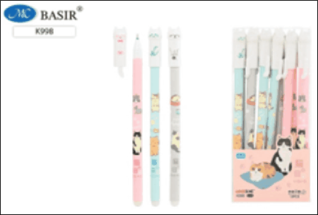 Ручка со стираемыми чернилами гелевая: 'КОШЕЧКИ'; цветной корпус с рисунком /ассорти/, колпачок выполнен в форме кошки; 0,35 mm, цвет чернил синий.