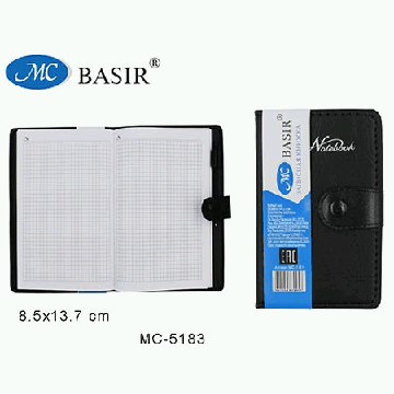 Записная книжка А6 на кнопке искусственная кожа 60л ' Basir ' Черная, клетка, сшивка, шариковая ручка