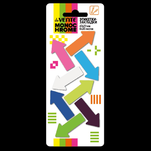 Набор самоклеящихся этикеток-закладок 'deVENTE. MonoChrome' пластиковые полупрозрачные в форме стрелки 47x23 мм, 8x20 листов, 8 цветов, в картонном блистере и пластиковом пакете с
