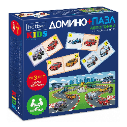 ИГРА для детей настольно-печатная ДОМИНО + Пазл 28 карточек-Автогонки- в Бокс-упаковке