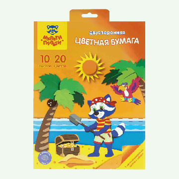Цветная бумага мелованная А4, Мульти-Пульти, двустор., 10л., 20цв., с 5 метал. цв., в папке, 'Приключения Енота'