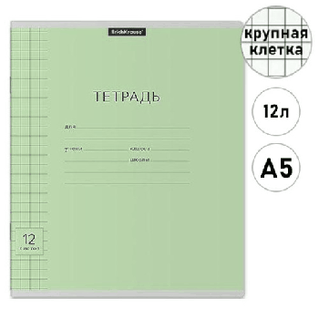 Тетрадь А5 12л крупная клетка ' Erich Krause ' Классика Зеленая с линовкой, офсет, на скобе, обложка - мелованный картон, 1 дизайн в коробке(Тетрадь школьная ученическая формата А5