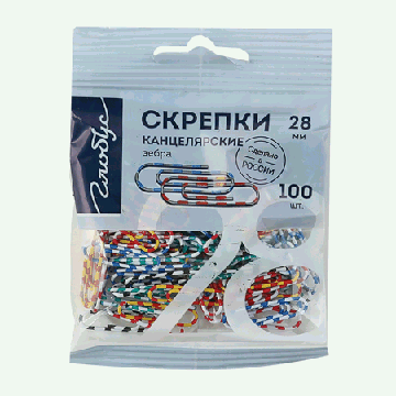 Скрепки ' Глобус ' 28мм металл цветные Зебра 100шт, пакет с европодвесом