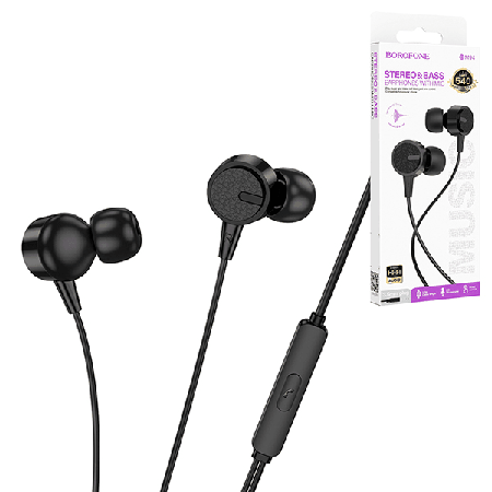 Наушники ' Borofone ' BM94 Sonar чёрные, внутриканальные, проводные, микрофон, кнопка ответа, jack 3,5мм, длина - 1,2м
