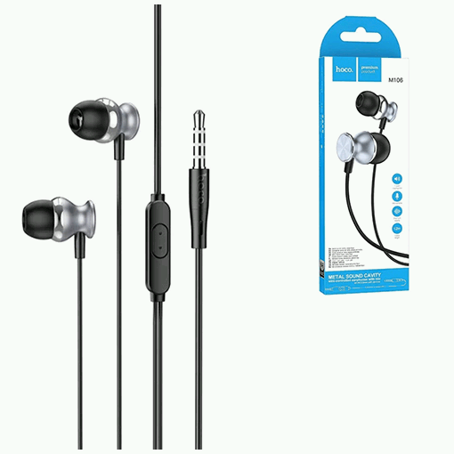Наушники ' Hoco ' M106 Fountain metal серые, внутриканальные, проводные, кнопка ответа, Jack 3,5мм, длина - 1,2м