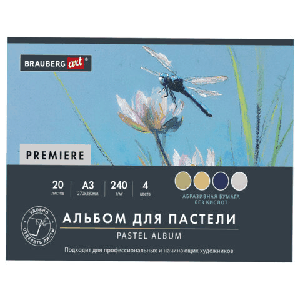 Бумага для пастели АБРАЗИВНАЯ А3, альбом (склейка), 20 листов, 4 цвета, 240 г/м2, BRAUBERG ART, 117770