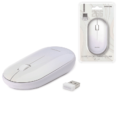 Мышь ' Smartbuy ' 266G One беспроводная оптическая, 3 кнопки, белая, переключаемое разрешение 1200 DPI, радиус работы до 10м, мини-ресивер USB, питание от 1 батарейки АА (входит в