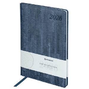 Еженедельник датированный 2026 БОЛЬШОЙ ФОРМАТ 210х297 мм, А4 BRAUBERG 'Wood', под кожу, синий, 117158