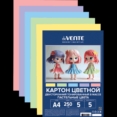 Картон цветной тонированный двусторонний A4 'deVENTE. HOBBY CREATIVE' 250 г/м?, 5 цв, 5 л, пластиковый пакет с европодвесом, пастельные цвета