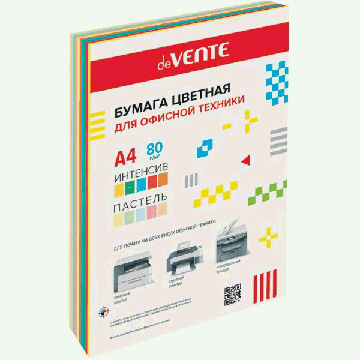 Бумага цветная для офисной техники 'deVENTE' A4 100 л, 80 г/м?, ассорти 10 цветов (5 интенсивных и 5 пастельных цветов), в пластиковом пакете