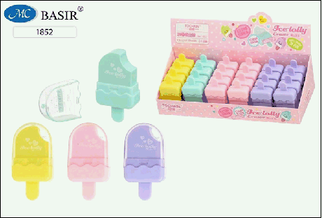 Ластик: цветной, выполнен в форме мороженого; в ярком, цветном, полупрозрачном футляре /ассорти/; размер 5,8*3см.