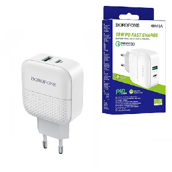 Блок питания сетевой ' Borofone ' BA46A Premium белый, 3,0А, 1820W, QC3.0, QC2.0, FCP,SCP, AFC, PD3.0, USB, Type-C, пластик (кабель в комплект не входит)