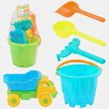 Песочный набор ' Toys ' 5 предметов: ведерко, грузовичек, ковшик, лопатка, грабли, сетка, европодвес