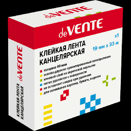 Клейкая лента канцелярская 'deVENTE' матовая, 40 мкм, 19 ммx33 м, пластиковая втулка, в индивидуальной коробке