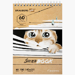 Скетчбук, белая бумага 100 г/м2, 140х201 мм, 60 л., гребень, жёсткая подложка, BRAUBERG ART, 'Котик!, 115062