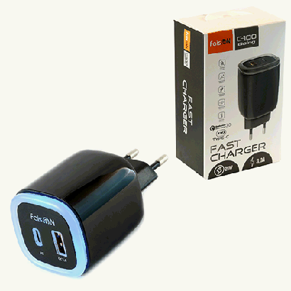 Блок питания сетевой ' FaisON ' C-100 Going чёрный, 3,0А, QC3.0, PD3.0, 20W, USB, Type-C, пластик (кабель в комплект не входит)
