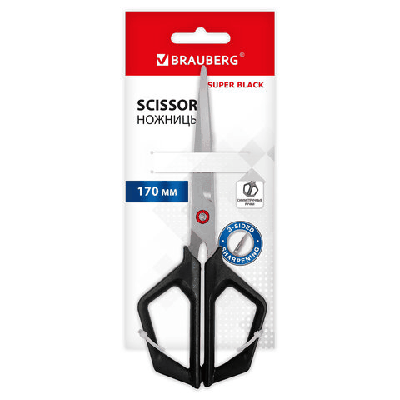 Ножницы BRAUBERG 'Super black' 170 мм, черные, 3-сторонняя заточка, ручки из ABS-пластика, 238854