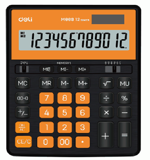 Калькулятор Deli, EM888A, 12-ти разрядный, функция двойной памяти, двойной блок питания, солнечная батарея и батарейки LR54, оранжевый/черный