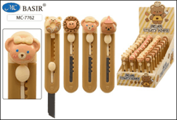 Нож канцелярский детский: 'МИШКИ'; цветной пластиковый держатель с фигуркой /ассорти/, лезвие-3 см, размер 9 см.